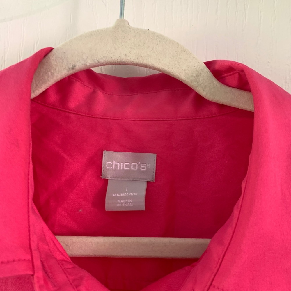 Chico's Pink Cotton Blend Tiered Midi Shirtdress Short Sleeve Size 1 M 8/10 - Picture 4 of 9